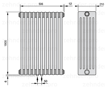 Схема (чертеж) Радиатор Zehnder Charleston 6180/11 №3470 Белый глянцевый RAL 9016